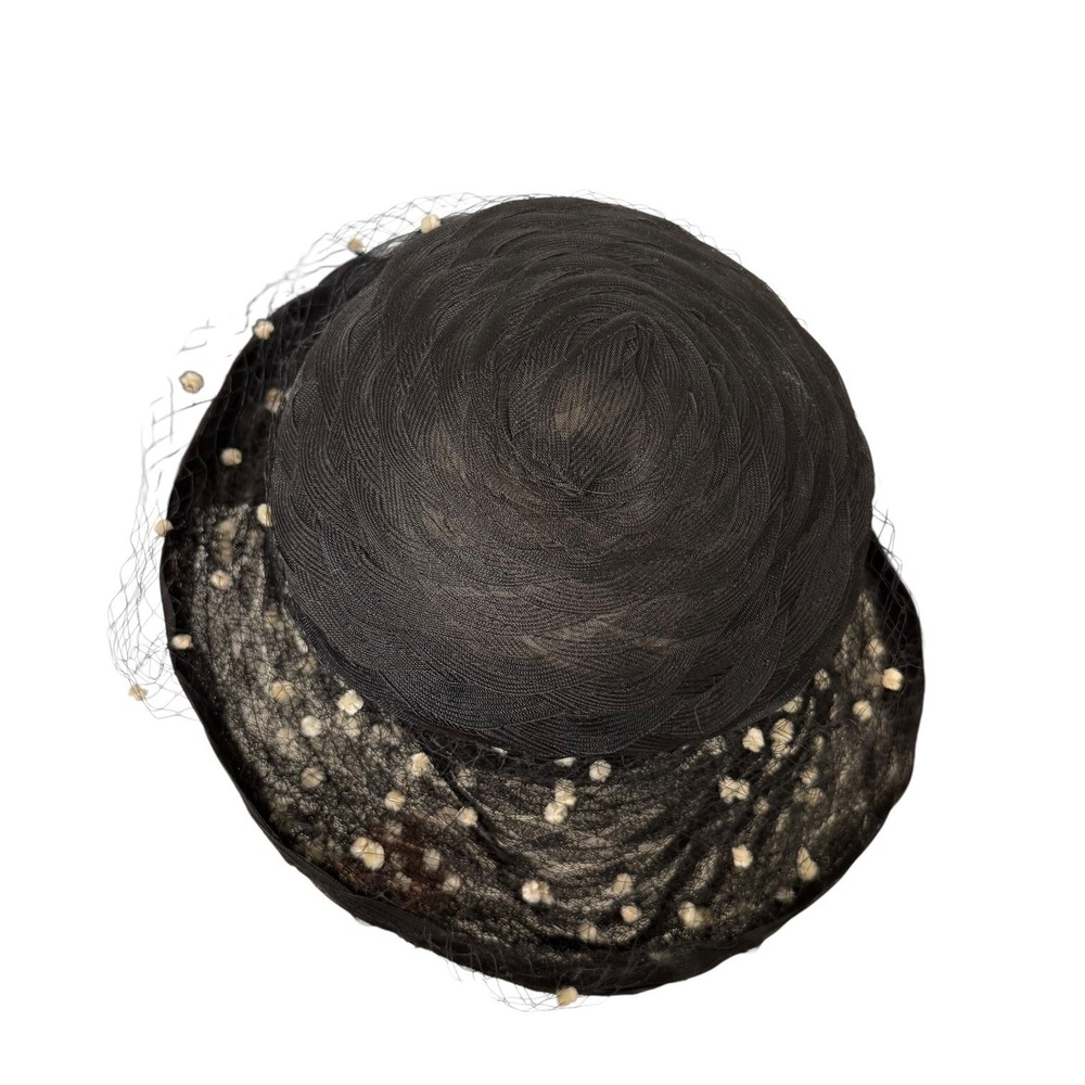 Vintage Eric Javits Black Mesh Birdcage Veil Hat with Cream Flower and Pom-Poms - Picture 6 of 8